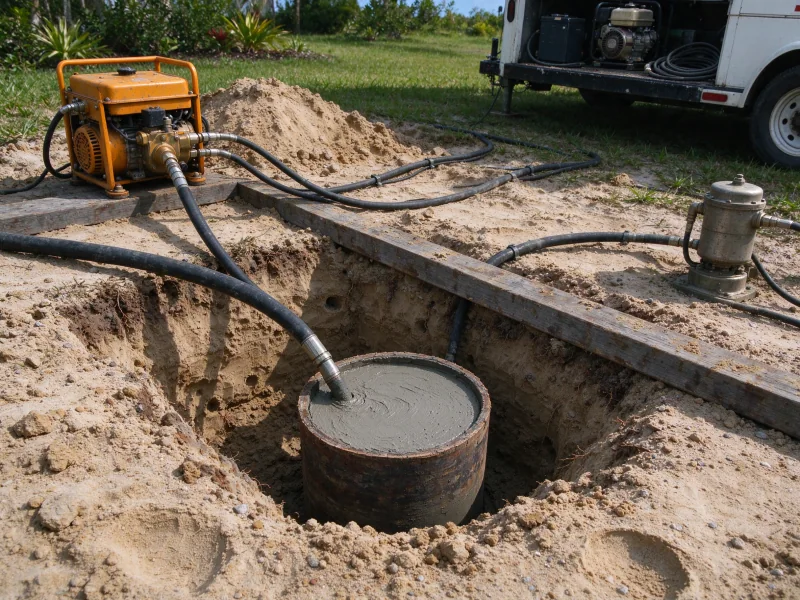 Abandoned well casing cut below grade and filled with grout