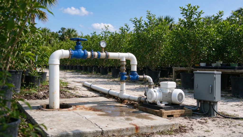 Agricultural irrigation wellhead with valves at a Florida nursery