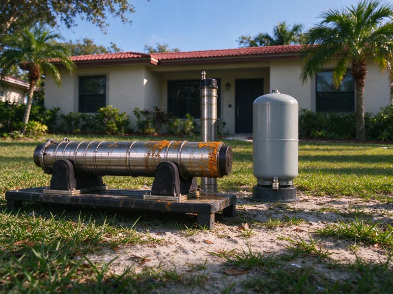 Before: mineral-crusted submersible pump on cradles