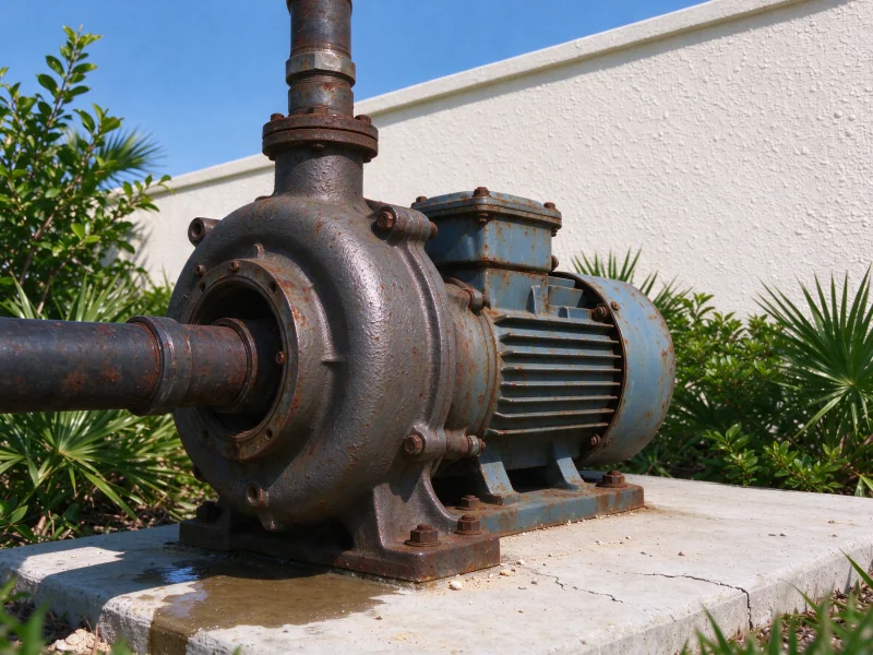 Before: old jet pump on a stained pad