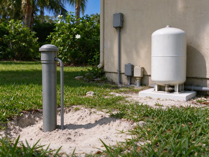 Capped well casing with trimmed grass around it