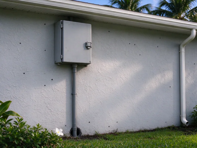 Closed well pump control box on a stucco wall