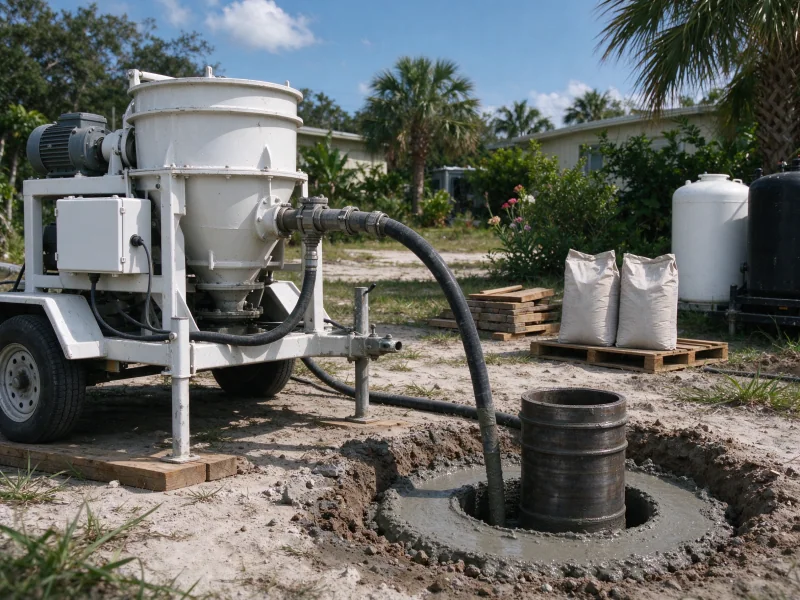 Grout being placed in the annular space around new well casing