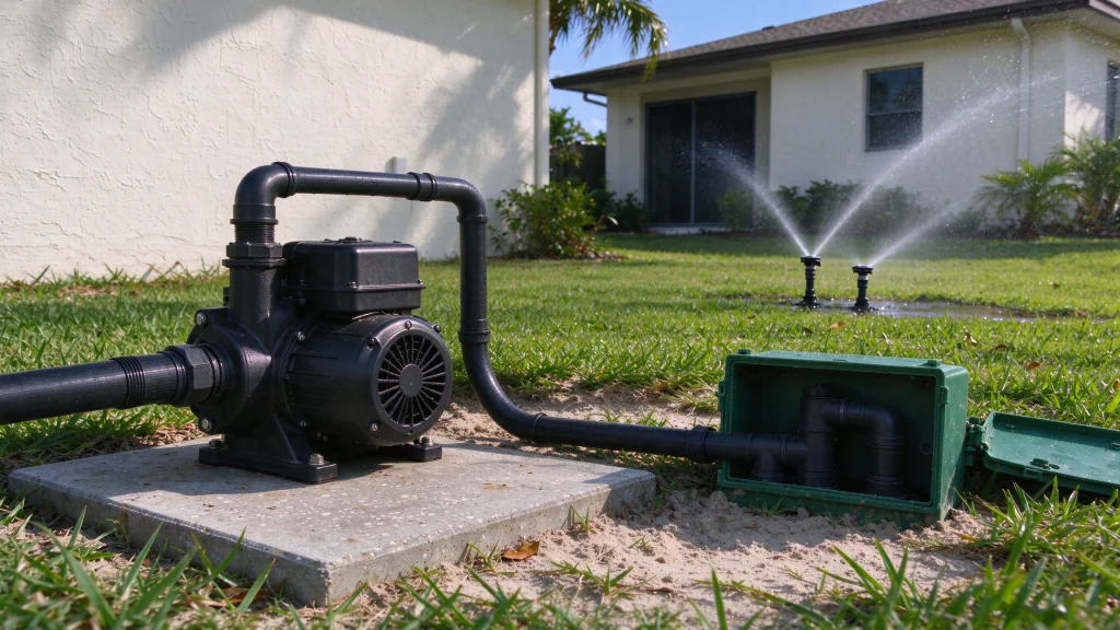 Irrigation well pump with valve box and sprinklers on a Palm Bay lawn