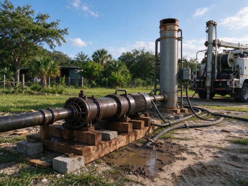 Large submersible pump and column pipe beside a 6-inch well