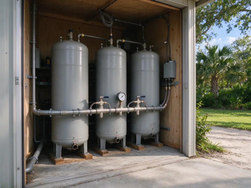 Manifolded pressure tanks in a commercial well equipment shed