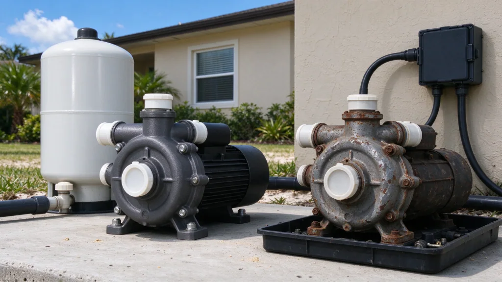 New and old jet well pumps side by side on an equipment pad