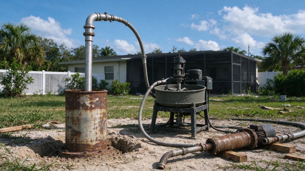 Old well being plugged with grout through a tremie pipe