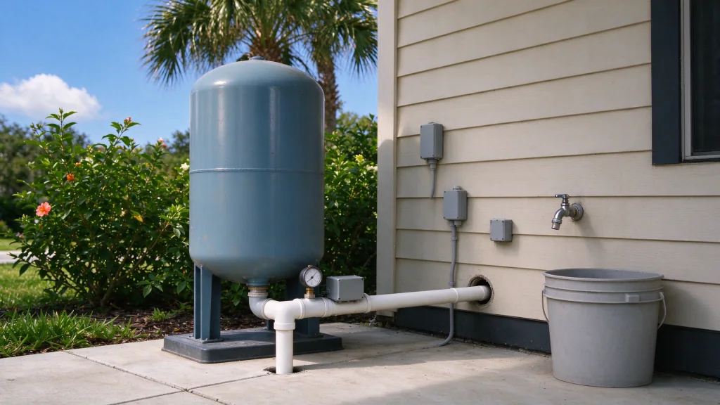 Pressure tank and an empty bucket under a spigot