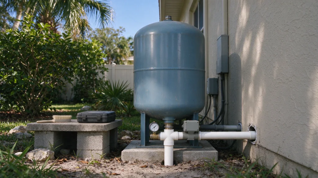 Pressure tank with a brush and tool case for maintenance