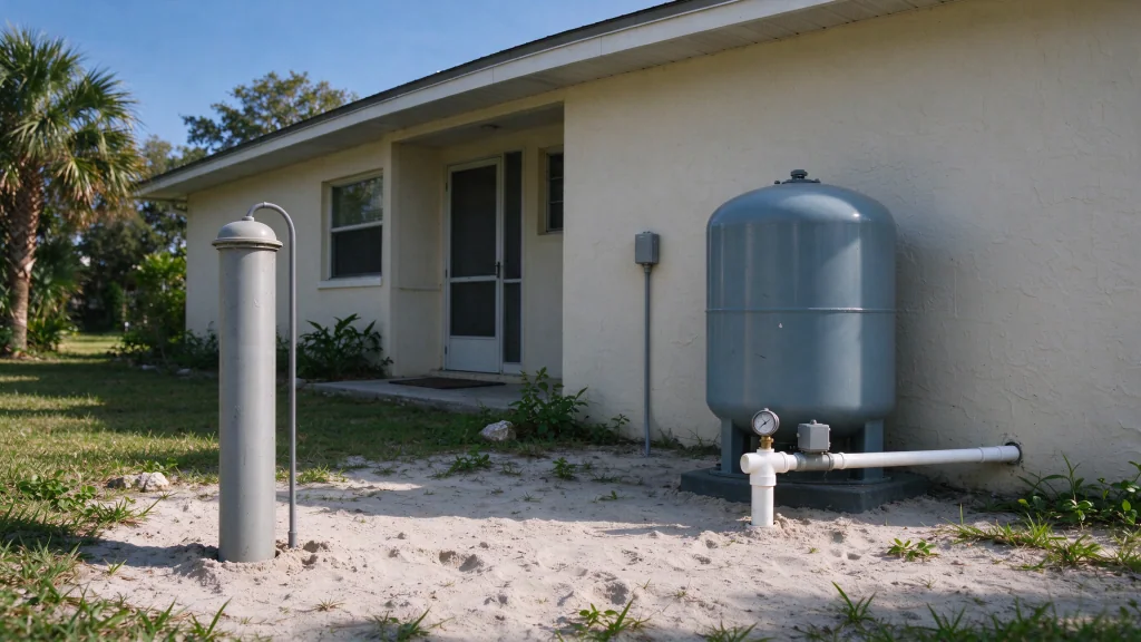 Private well and pressure tank beside a Grant-Valkaria-style Florida home