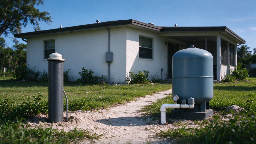 Private well and pressure tank beside a Malabar-style Florida home