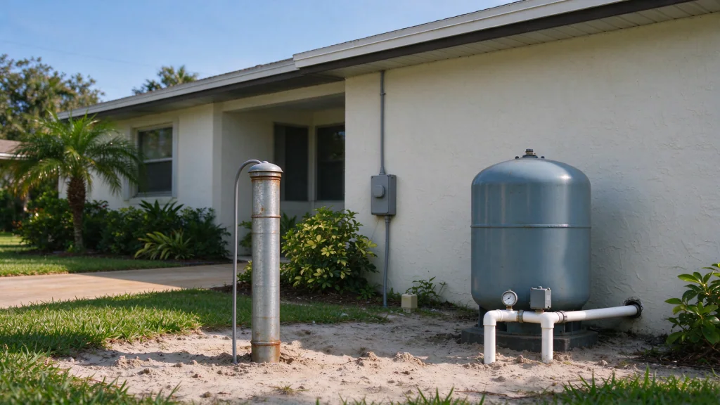 Private well and pressure tank beside a Melbourne-style Florida home