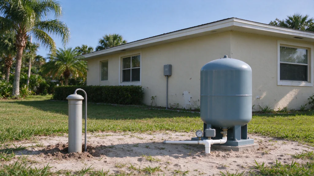 Private well and pressure tank beside a Micco-style Florida home
