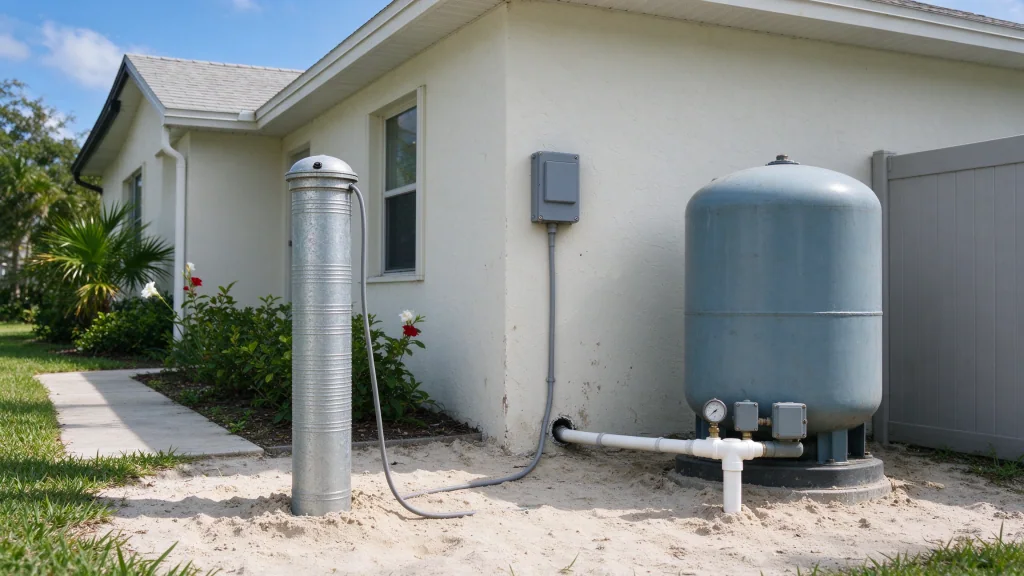 Private well and pressure tank beside a West Melbourne-style Florida home