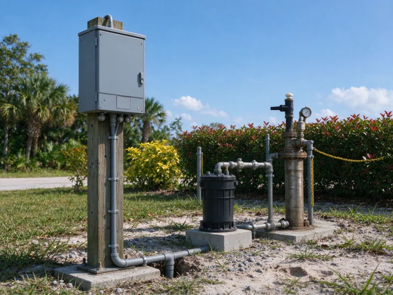 Pump drive enclosure on a post beside a commercial wellhead