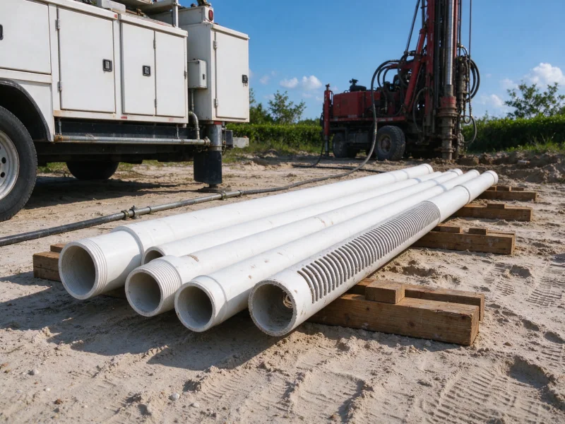 PVC well casing sections and a slotted well screen on timber supports
