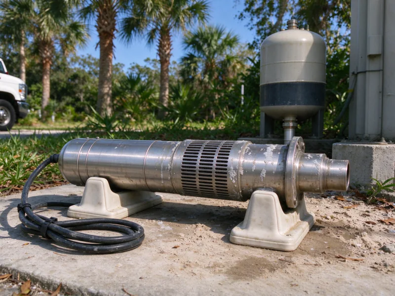 Removed submersible pump showing intake screen and motor