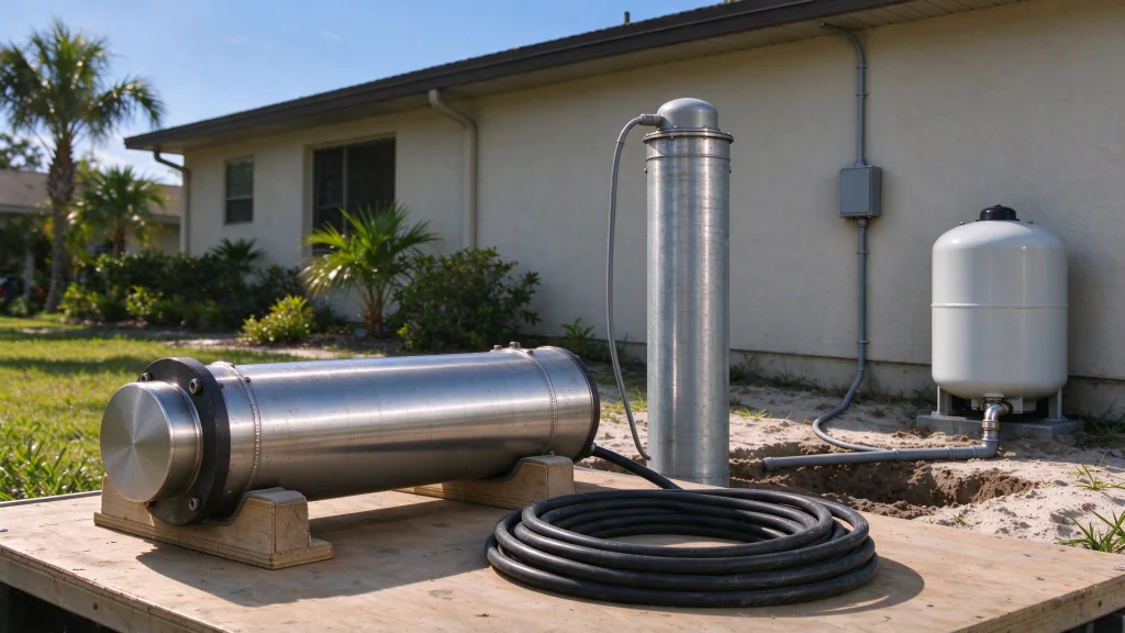 Submersible pump on cradles beside a capped residential well