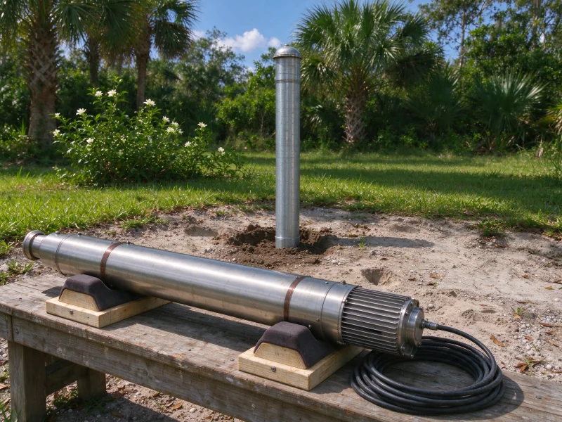 Submersible well pump on cradles beside a capped well