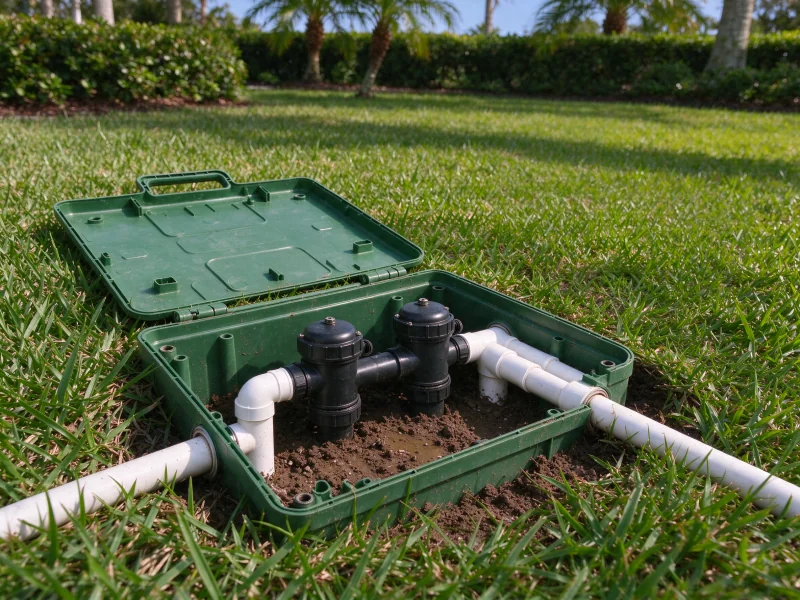 Two irrigation valves inside an open valve box