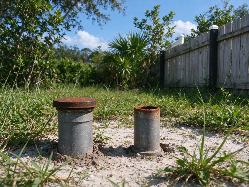 Unused old well casing with a rusted cap at the back of a lot