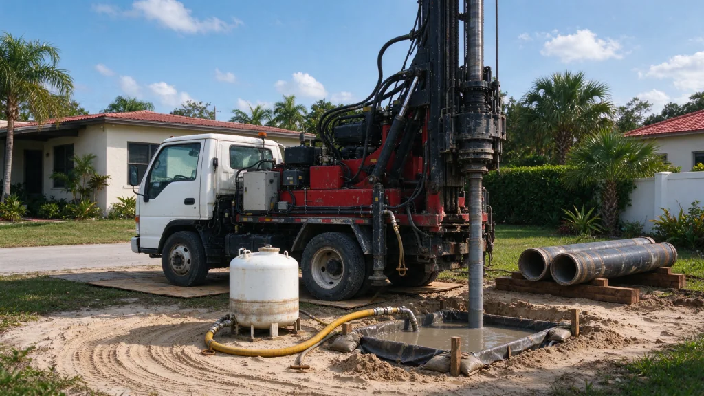 Water well drilling rig over a new borehole beside a Palm Bay-style home