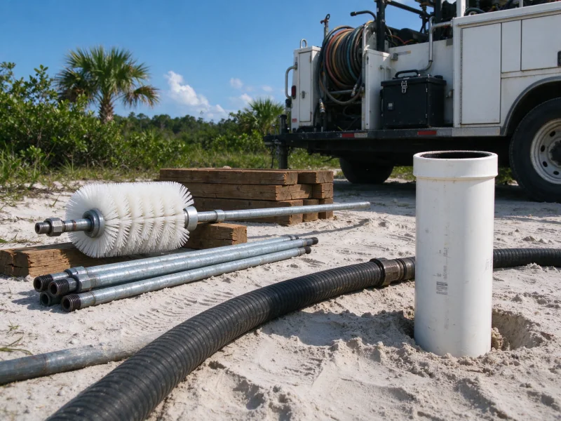 Well brush and drill rods beside an existing casing
