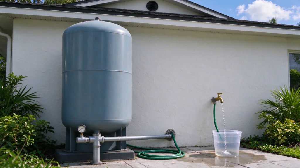 Well pressure tank and a flow test into a bucket