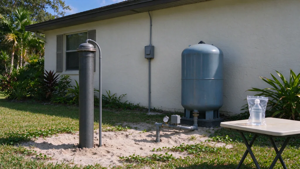 Well, pressure tank and a sealed sample bottle during an inspection