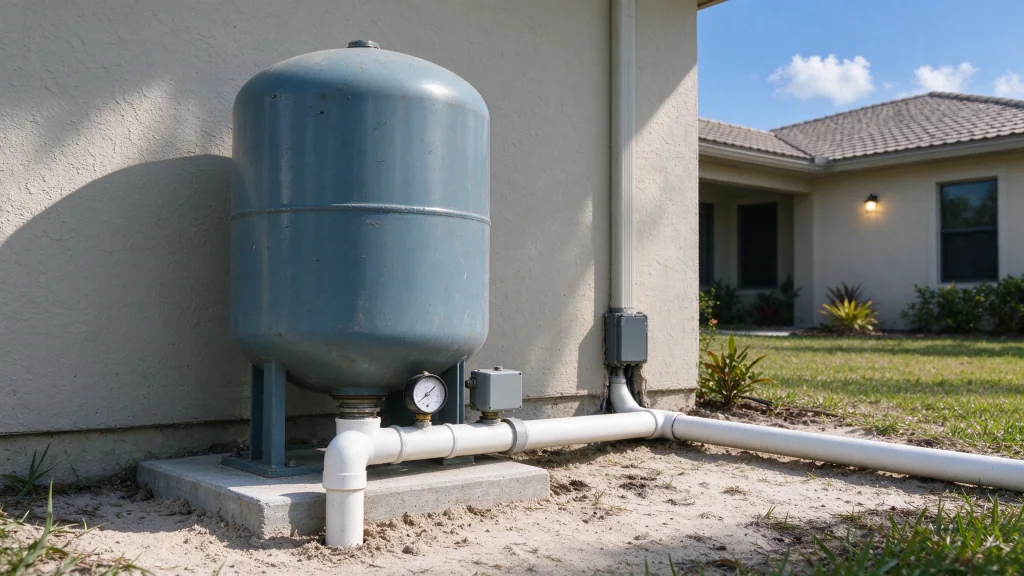 Well pressure tank with its bottom tee beside a Palm Bay home